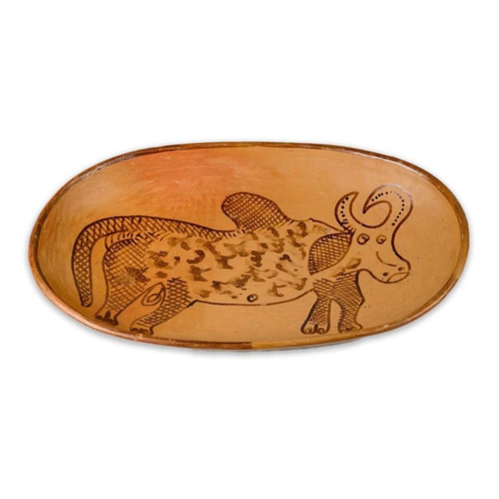 Travessa Oval De Barro Desenho Vaca Artesanato Nordeste