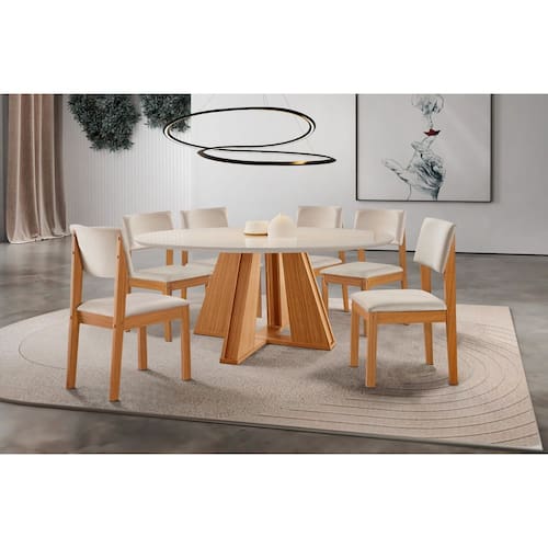 imagem-Conjunto Mesa Rubi 1,35m com Vidro e 6 Cadeiras Turim - LJ Móveis - Off White 
