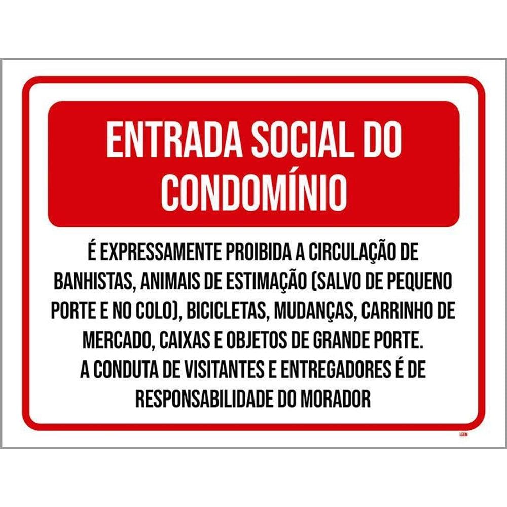 Placa Vermelha Entrada Social Do Condomínio 36X46
