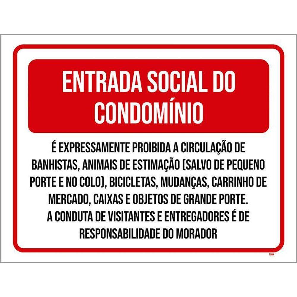 Placa Vermelha Entrada Social Do Condomínio 36X46