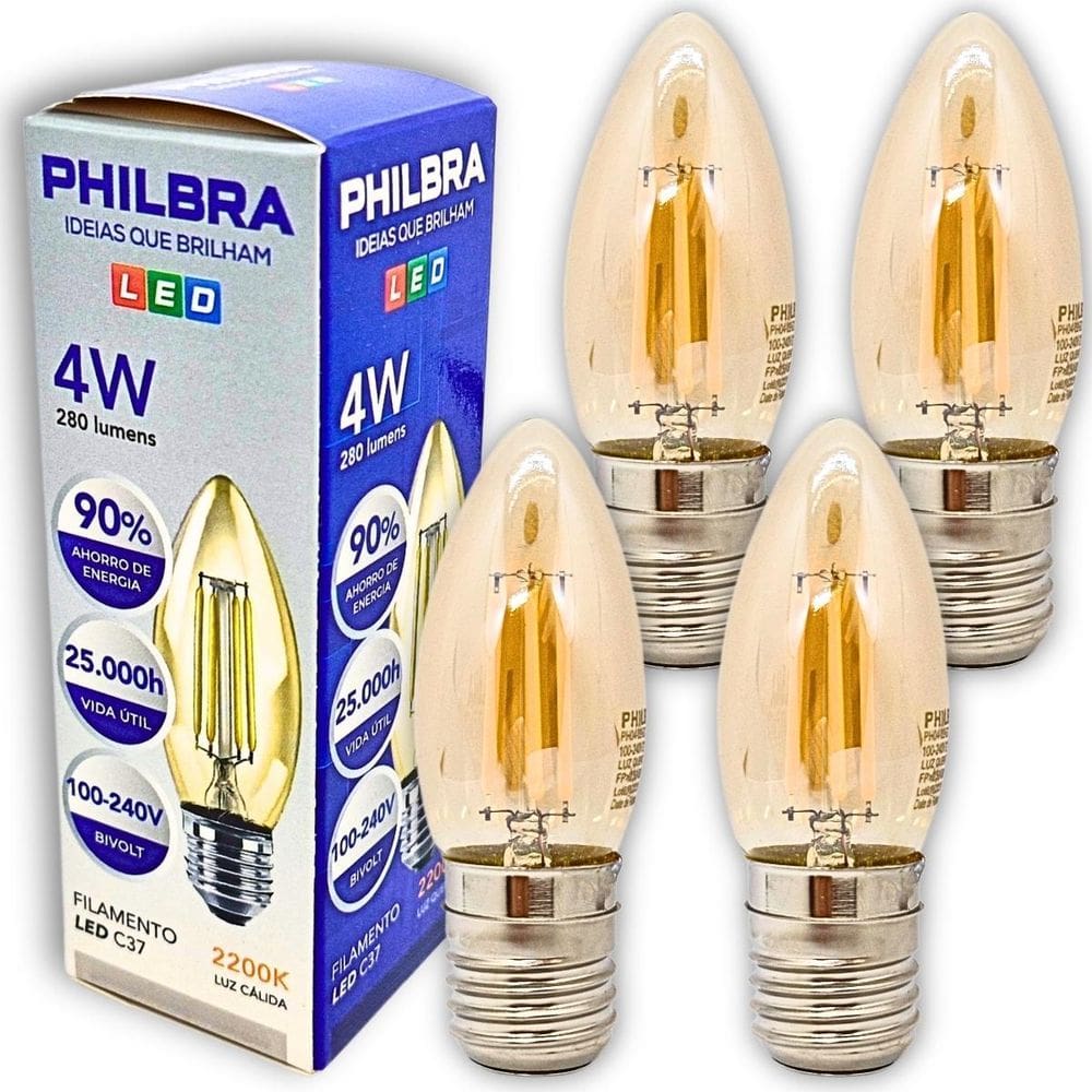 Kit 4 Lâmpadas Vintage Filamento Led Vela C37 Âmbar 2200K