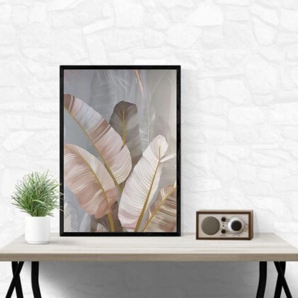 Quadro Folhagens Linho Cinza E Rosê 24X18Cm - Com Vidro