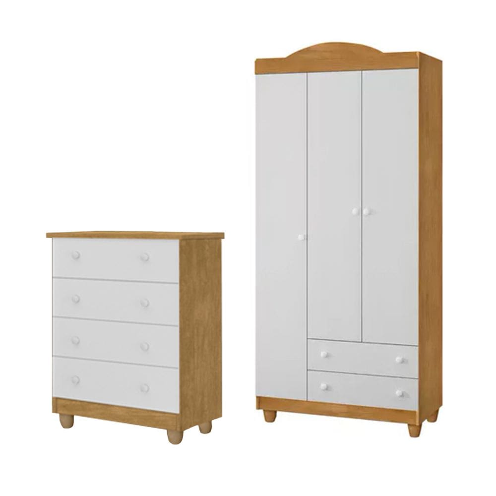 Conjunto Comoda Lara E Guarda Roupa Lara Em Mdf Nature / Branco