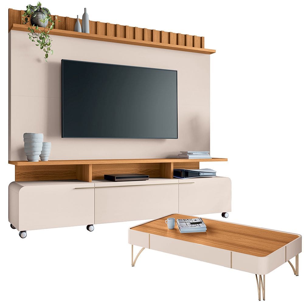 Estante Painel Para TV 70 Pol Artemis e Mesa de Centro Harmony B01 Off White Cinamomo - Lyam Decor