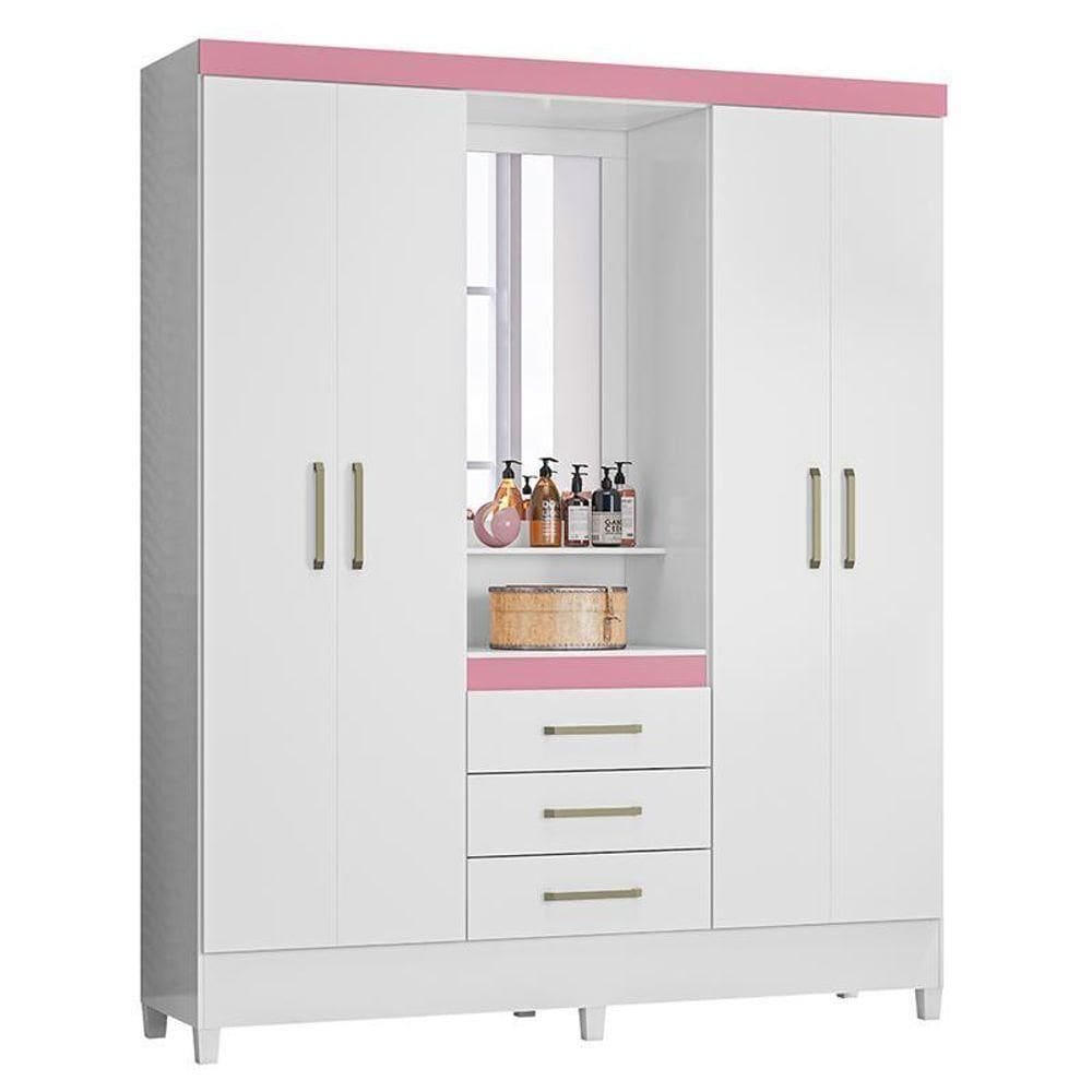 Guarda Roupa Capelinha Pérsia 4 Portas Branco Rosa Com Espelho - Demóbile Branco Rosa