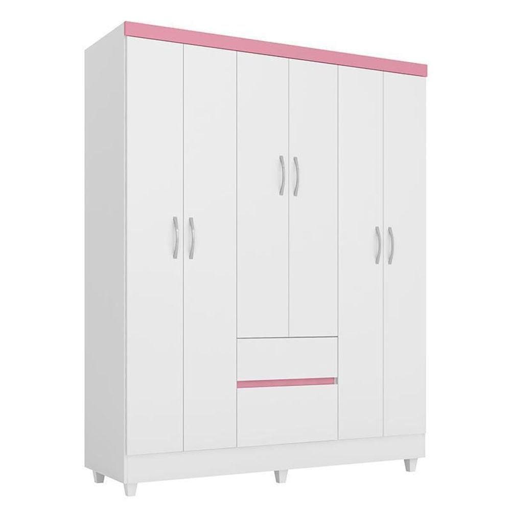 Guarda Roupa Casal Flash Ii 6 Portas E 2 Gavetas Branco Rosa - Demóbile Branco Rosa