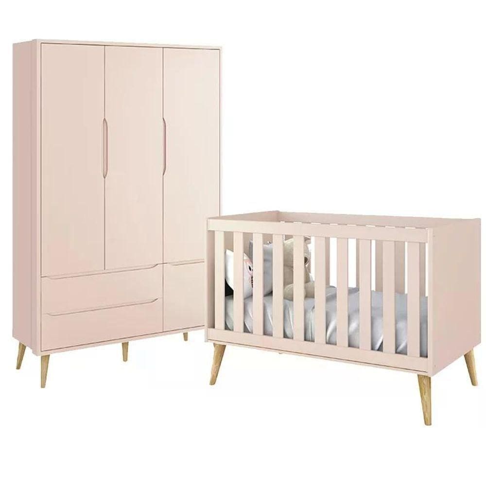Jogo De Quarto Infantil Theo Guarda Roupa 3 Portas E Berço Rosa Fosco Com Pés Madeira Natural - Reller Móveis Rosa Fosco