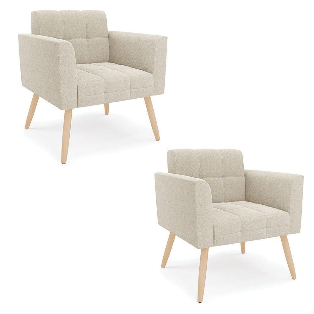 Poltrona Sala Estar Pé Palito Natural Kit 2 Elisa Bouclê Bege D03 - D`rossi