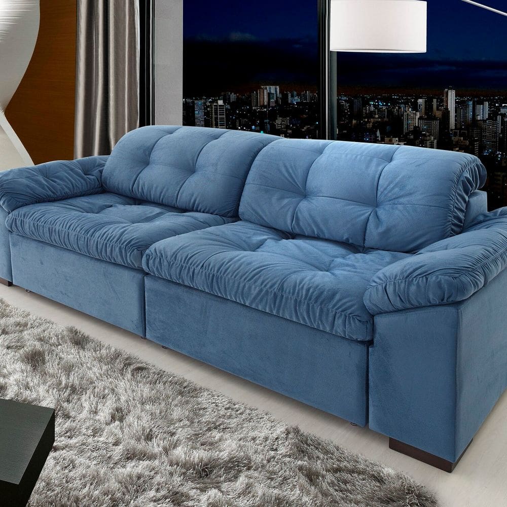 Sofá Retrátil e Reclinável 2 Lugares 240 Cm Pérola Veludo Azul