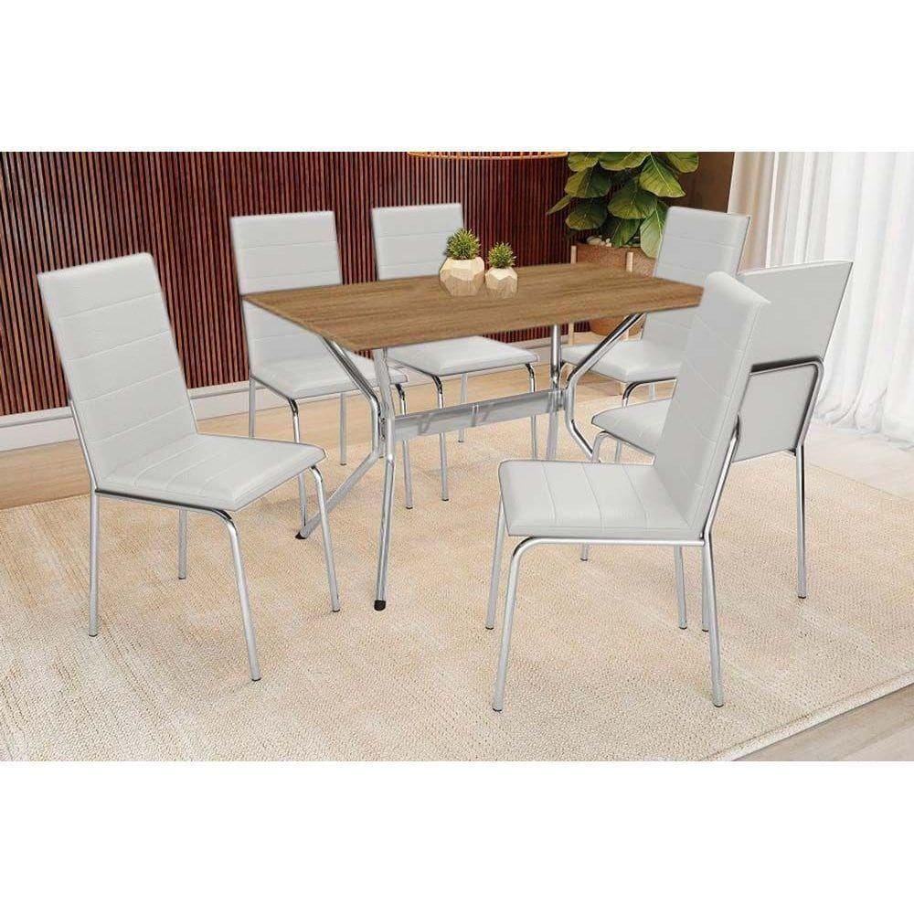 Sala De Jantar Loire com Tampo De Madeira 160cm + 6 Cadeiras Cromada-branco