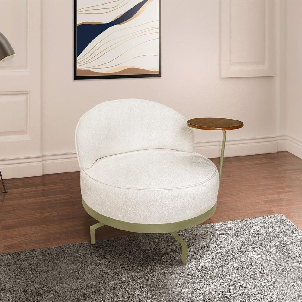 Poltrona Sala De Estar Pés Em Ferro Champagne Giratória Braço Madeira Maciça 86cm Banff Bouclê Off White