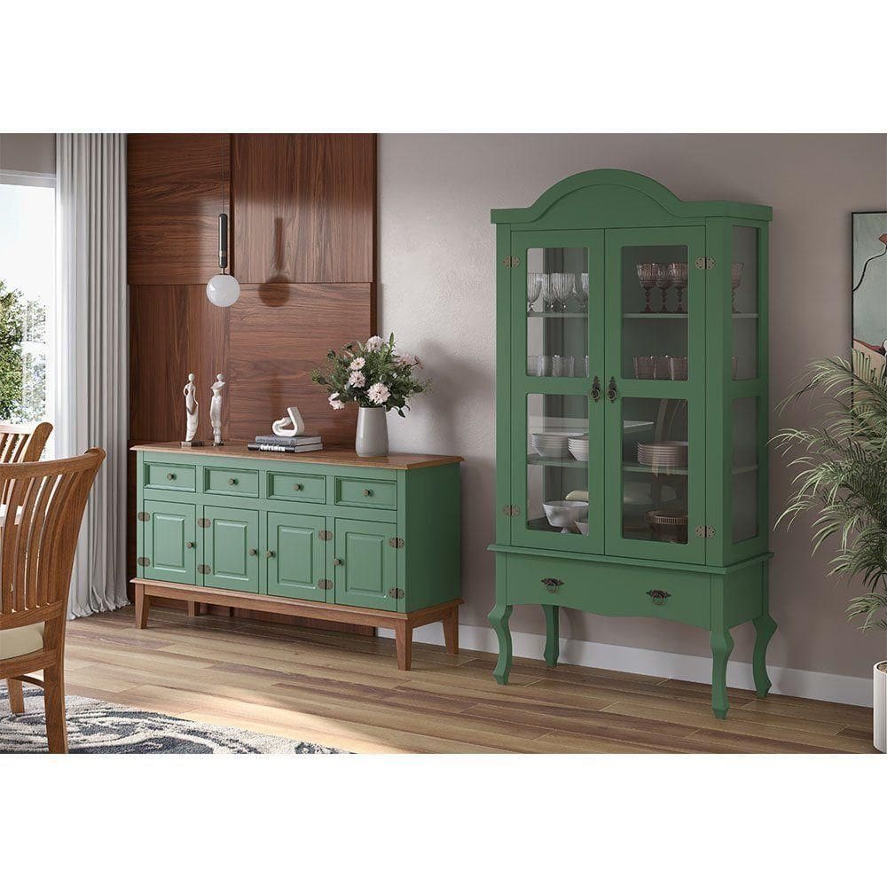 Conjunto Cristaleira Luis Xv Alta Com Balcão 4 P E 4 G De Madeira Maciça E Mdf Verde