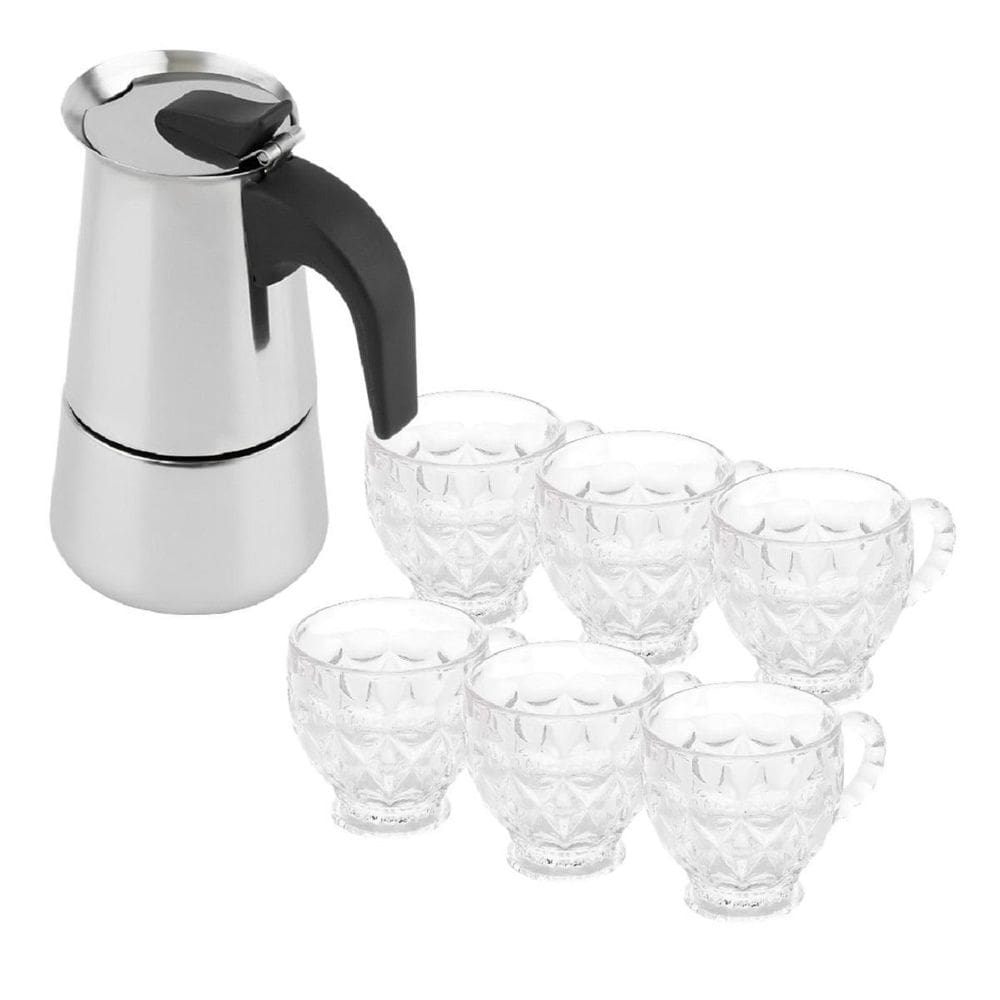 Cafeteira Italiana Moka 450Ml + 6 Xícaras Vidro Café 200Ml