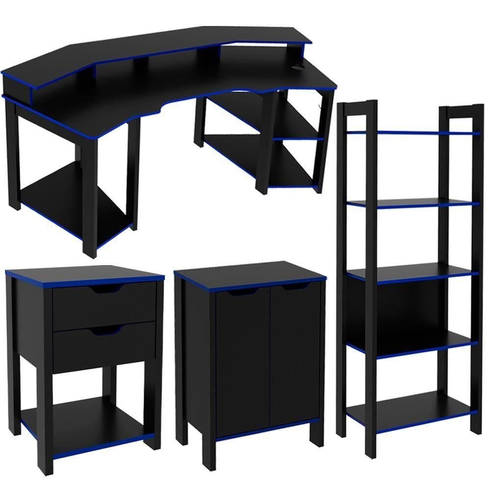 Conjunto Gamer Completo 4 Peças Me41x63x64x66x67 Preto Azul Tecno Mobili Preto Azul