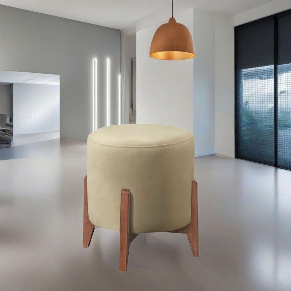 Puff Estofado Decorativo Redondo Sala De Estar Madrid Suede Bege