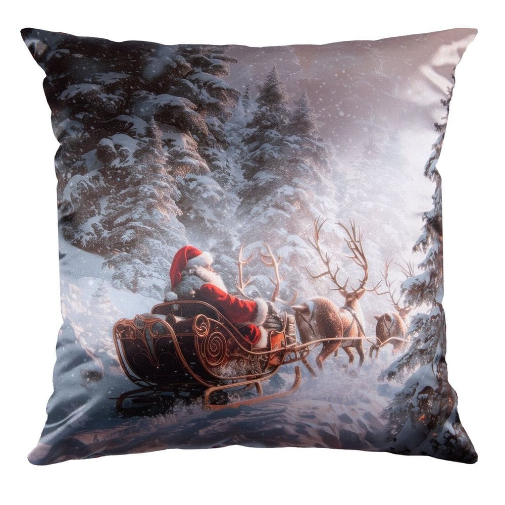 Capa Almofada Cetim Trenó de Natal 43x43cm Verde/Vermelho