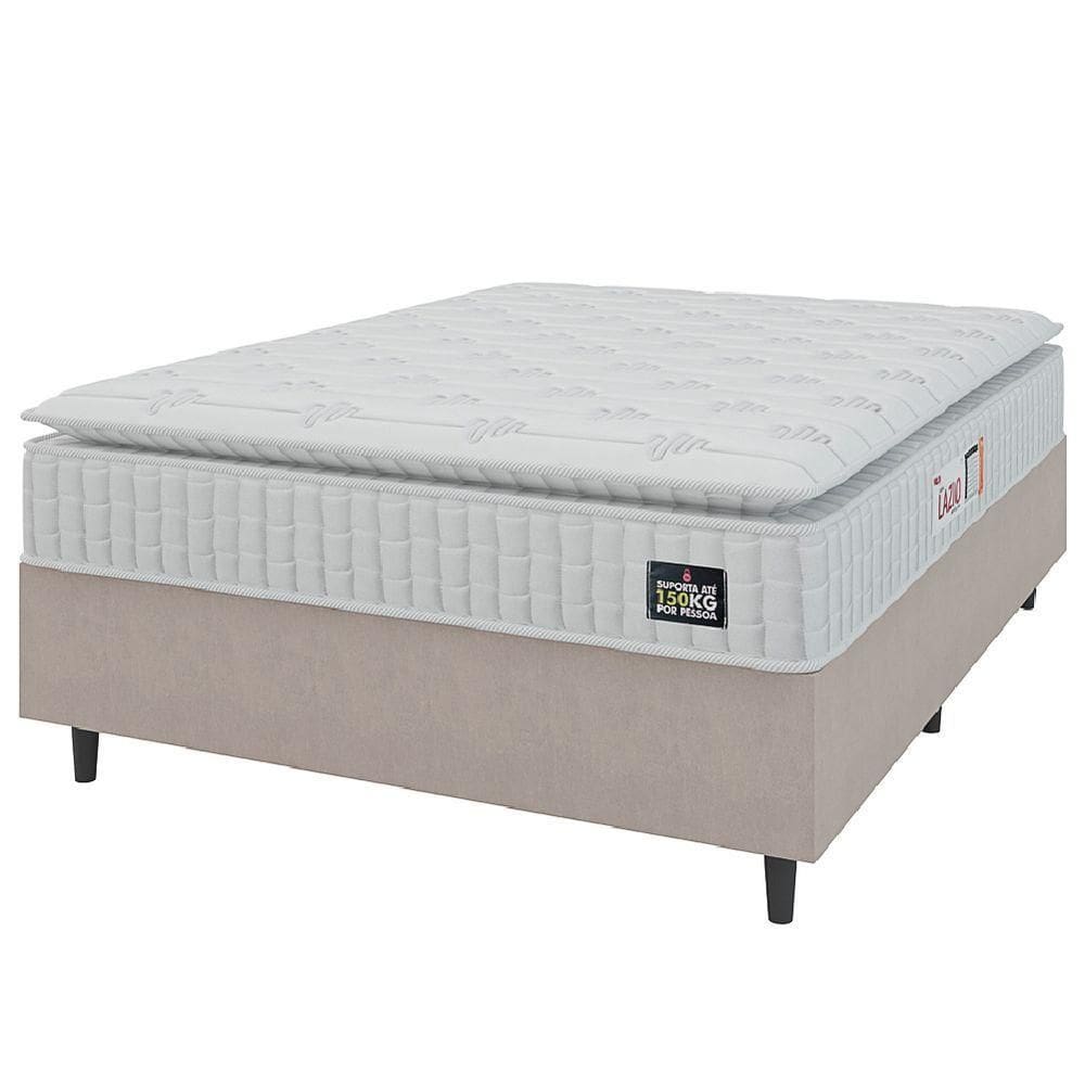 Cama Box Casal Colchão Espuma D45 Lazio Pillow Top 138x188x62cm Suede Branco/bege Hellen