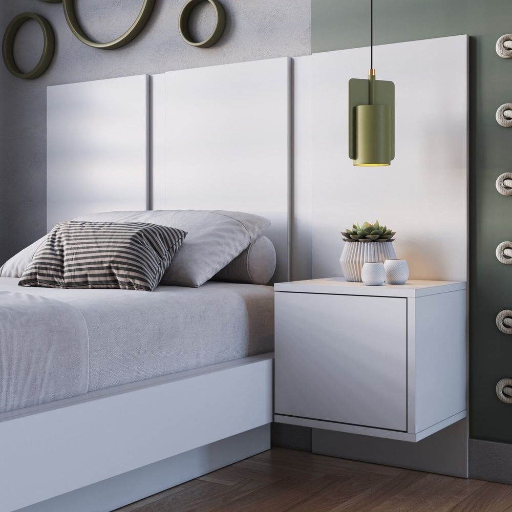 Cabeceira para Cama de Solteiro com Mesa de Cabeceira Zurique Branco