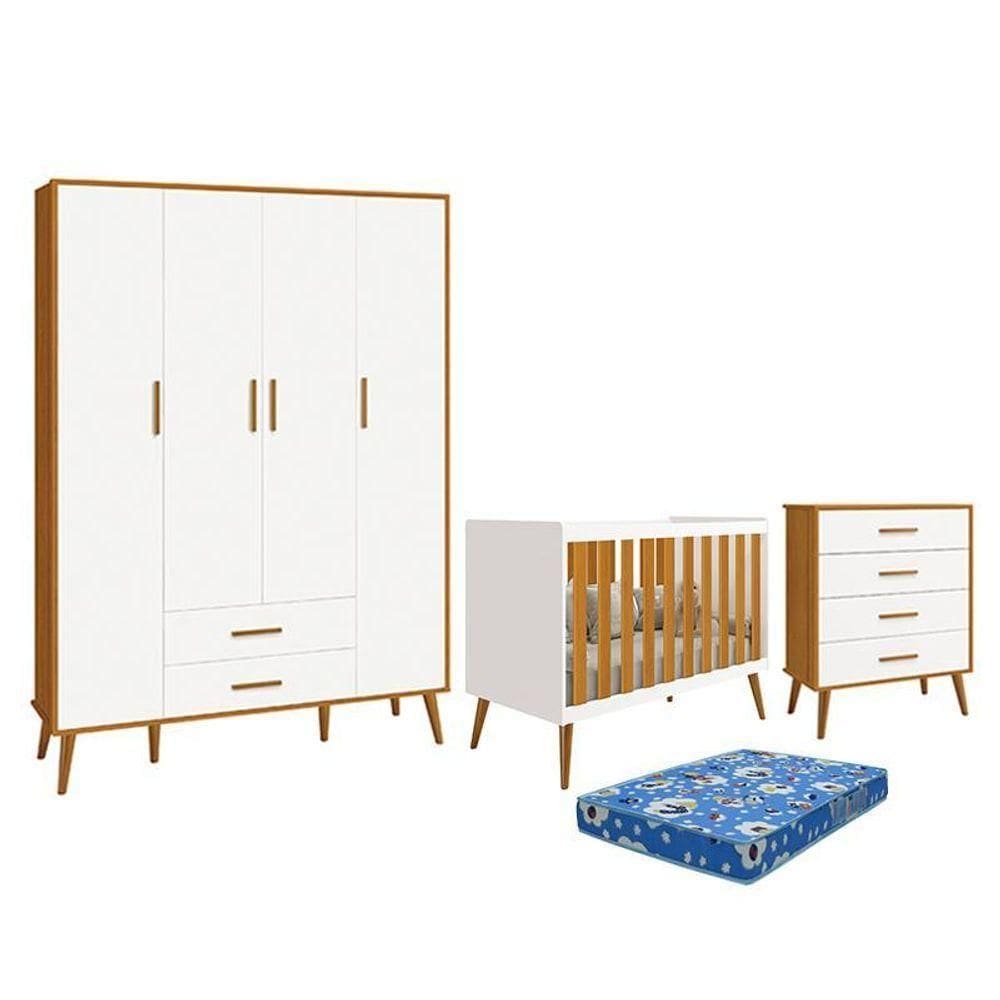 Dormitório Infantil Isis Guarda Roupa 4 Portas, Cômoda E Berço Branco Savana Com Colchão - Reller Móveis Branco Savana