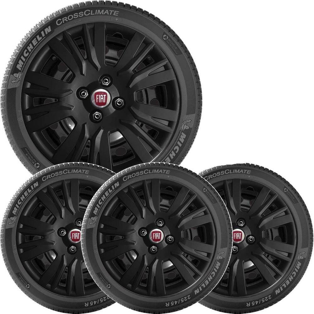 4X Calota Fiat Argo Uno Palio Aro 14 Preto Com Emblema 221Cb