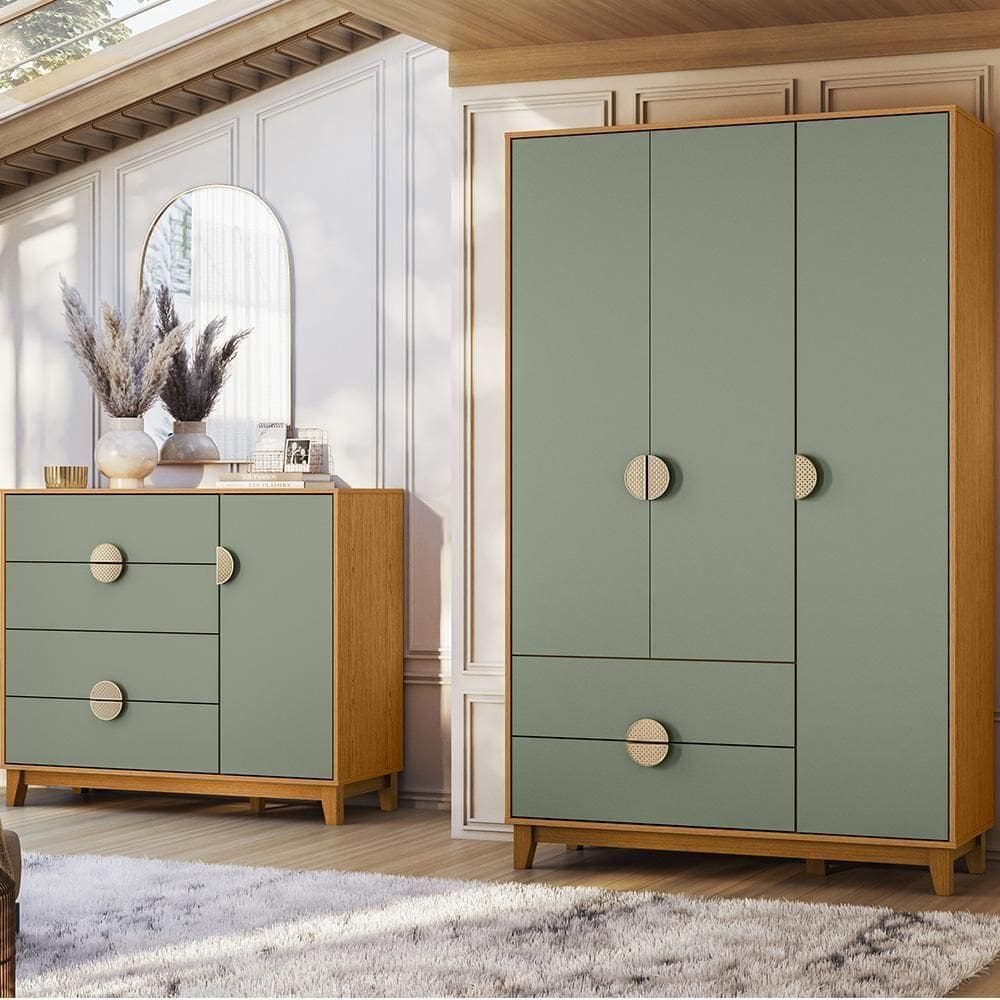 Kit Guarda Roupa Ipê Com Comoda Ipê Com Pés Madeira Maciça Cinamomo/salvia