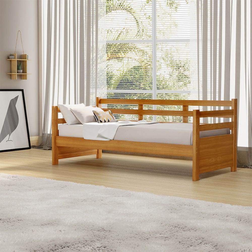 Sofá Cama Vintage Enjoy Mona Madeira com Colchão Imbuia Acompanha Nicho