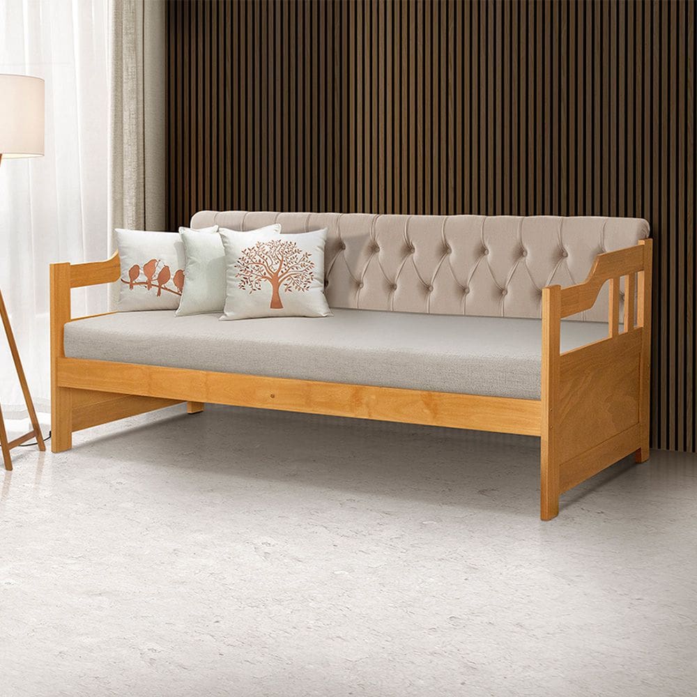 Sofá Cama Dublin Mona Estofado Capitonê Veludo Bege Madeira com 1 Colchão - Imbuia
