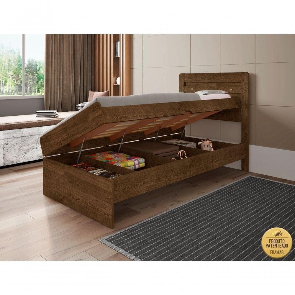 Cama Solteiro Reforçada Baú Interno Larissa Mdf/mdp Malbec