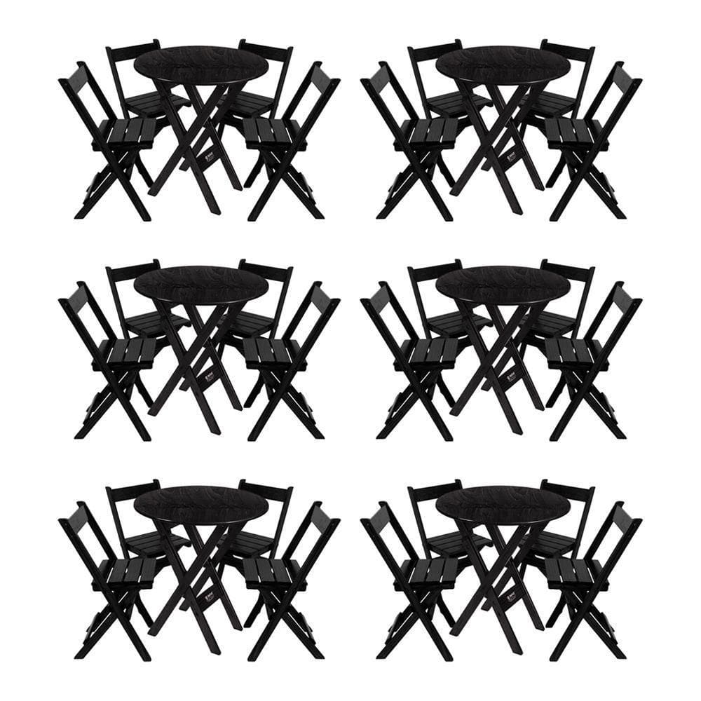 Kit 6 Conjuntos Mesa Redondo 70cm Dobrável Com 4 Cadeiras Em Madeira Maciça - Preto - Preto