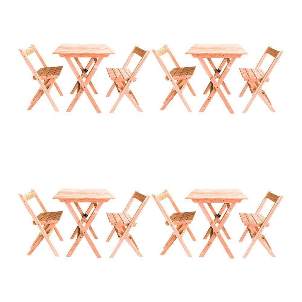Kit 4 Conjuntos Mesa Dobrável Para Bar E Restaurante 60x60cm Com 2 Cadeiras Em Madeira Maciça - Cru - Bege