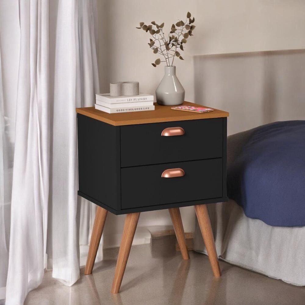 Mesa de Cabeceira 02 Gavetas Janus Preto e Ypê Sal
