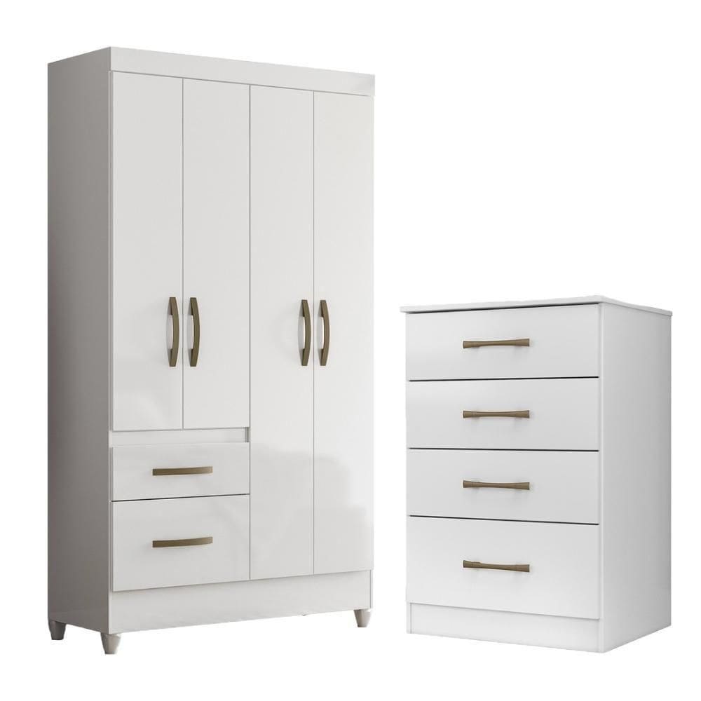 Kit Guarda Roupa Solteiro Madri E Cômoda Ms Branco