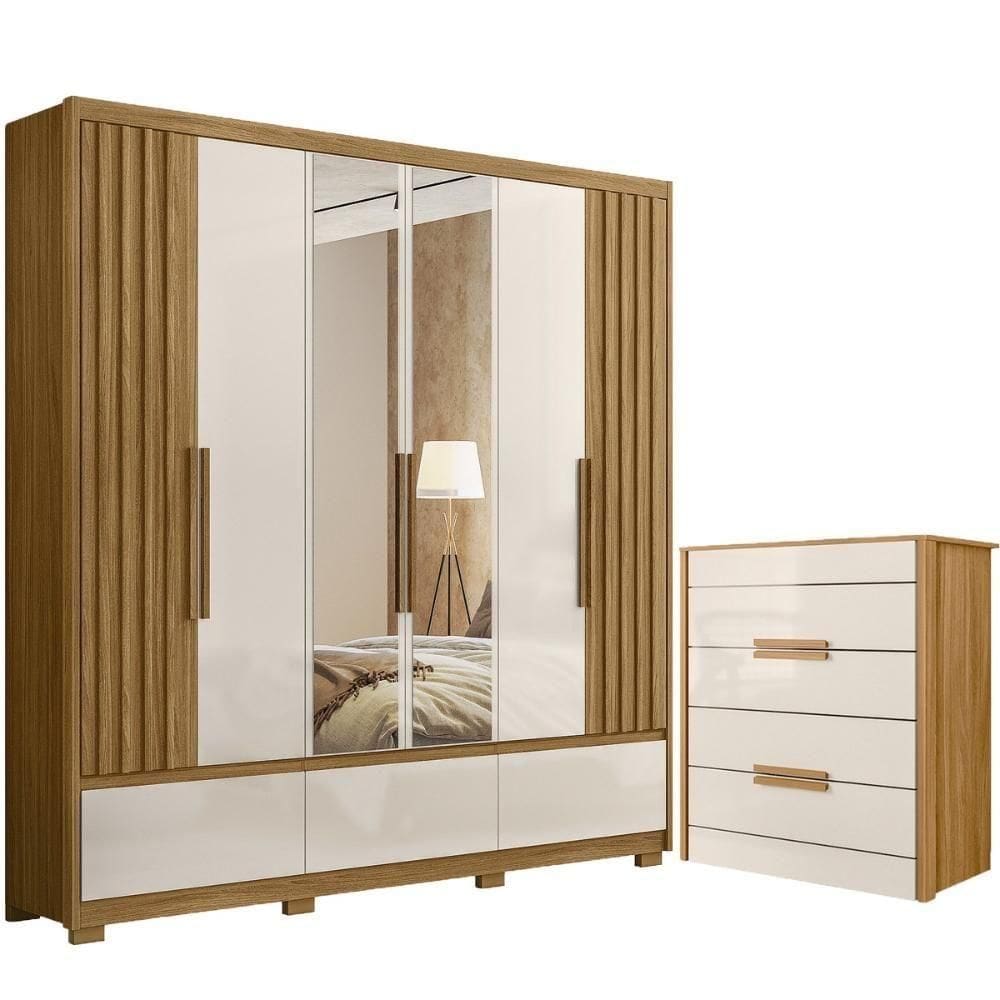 Kit Guarda Roupa Casal Com Espelho Amazonas E Cômoda Dhara Freijó Off White