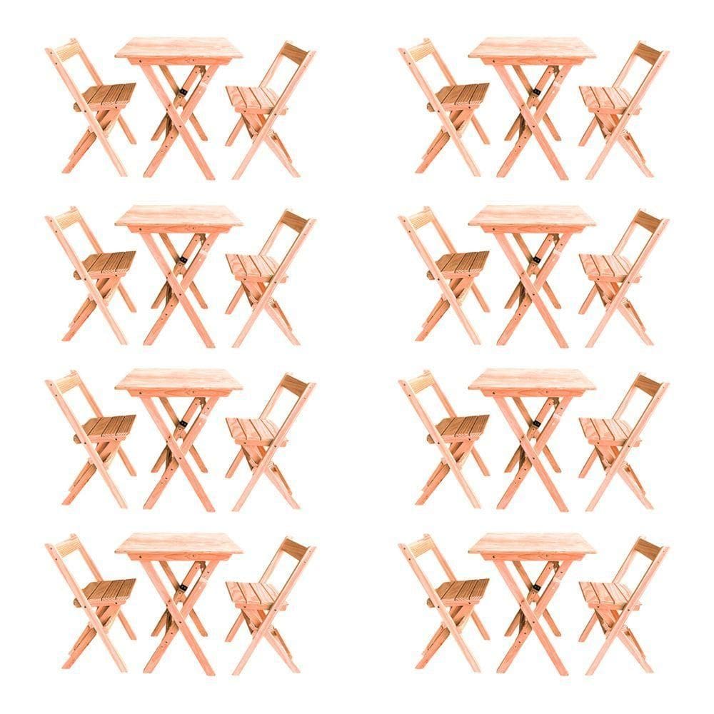 Kit 8 Conjuntos Mesa Dobrável Para Bar E Restaurante 60x60cm Com 2 Cadeiras Em Madeira Maciça - Cru - Bege