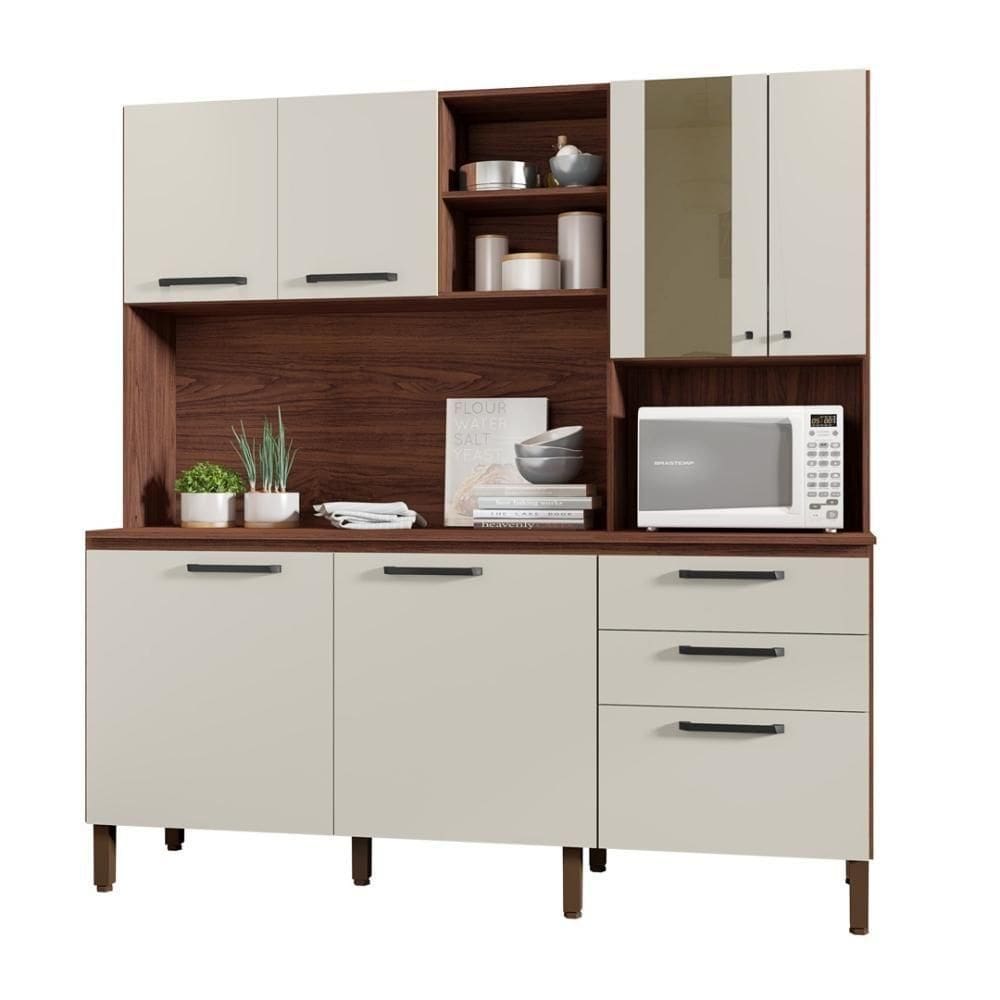 Armario De Cozinha Compacta 7 Portas 2 Gavetas Mega Nogueira BOff White