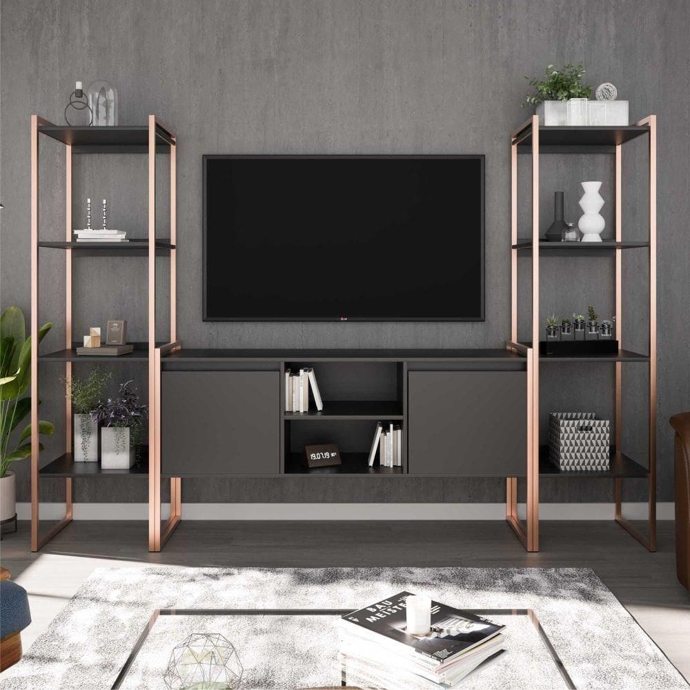 Rack Com Estante 2 Portas Manila Preto Cobre
