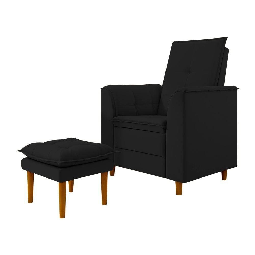 Poltrona De Amamentação Quarto De Bebê Gracy Com Puff Pés Palito Veludo Preto G85 - Gran Belo