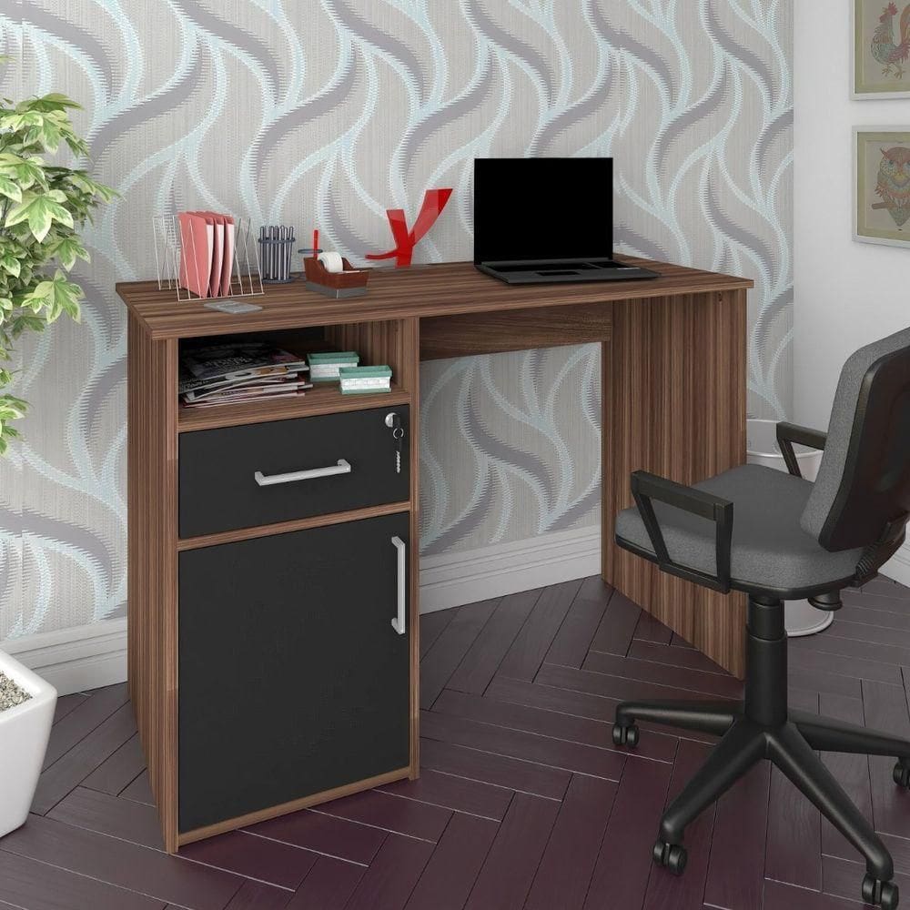 Escrivaninha Mesa Office Com Gaveta E Armário Hall Ipê-preto