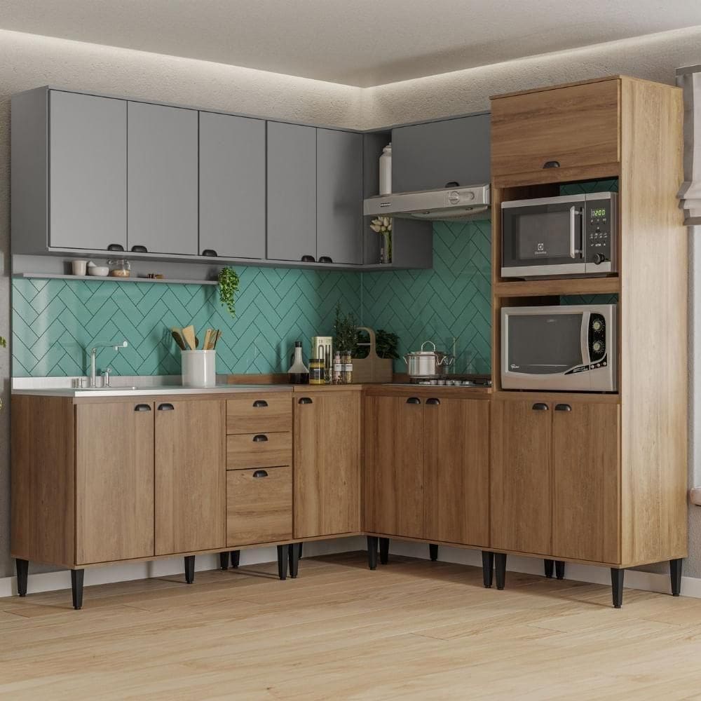 Armário De Cozinha Completa C/ Balcão Lótus Flow Carraro Freijó Com Cinza Titânio