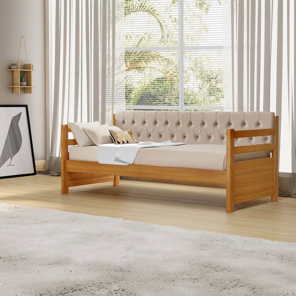 Sofá Cama Solteiro Verona Mona Imbuia Estofado Capitonê Veludo Bege Acompanha 1 Colchão