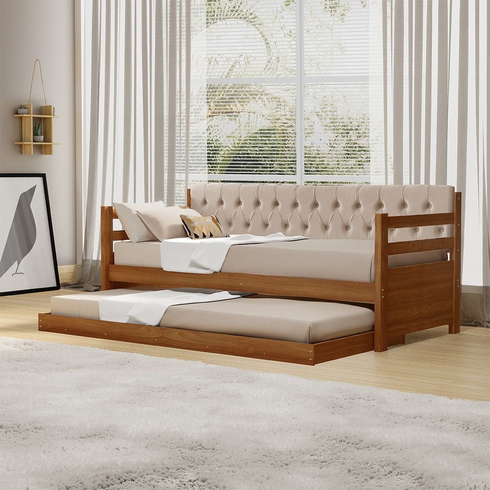 Sofá Cama Solteiro Verona Castanho Estofado Capitonê Veludo Bege com Cama Auxiliar