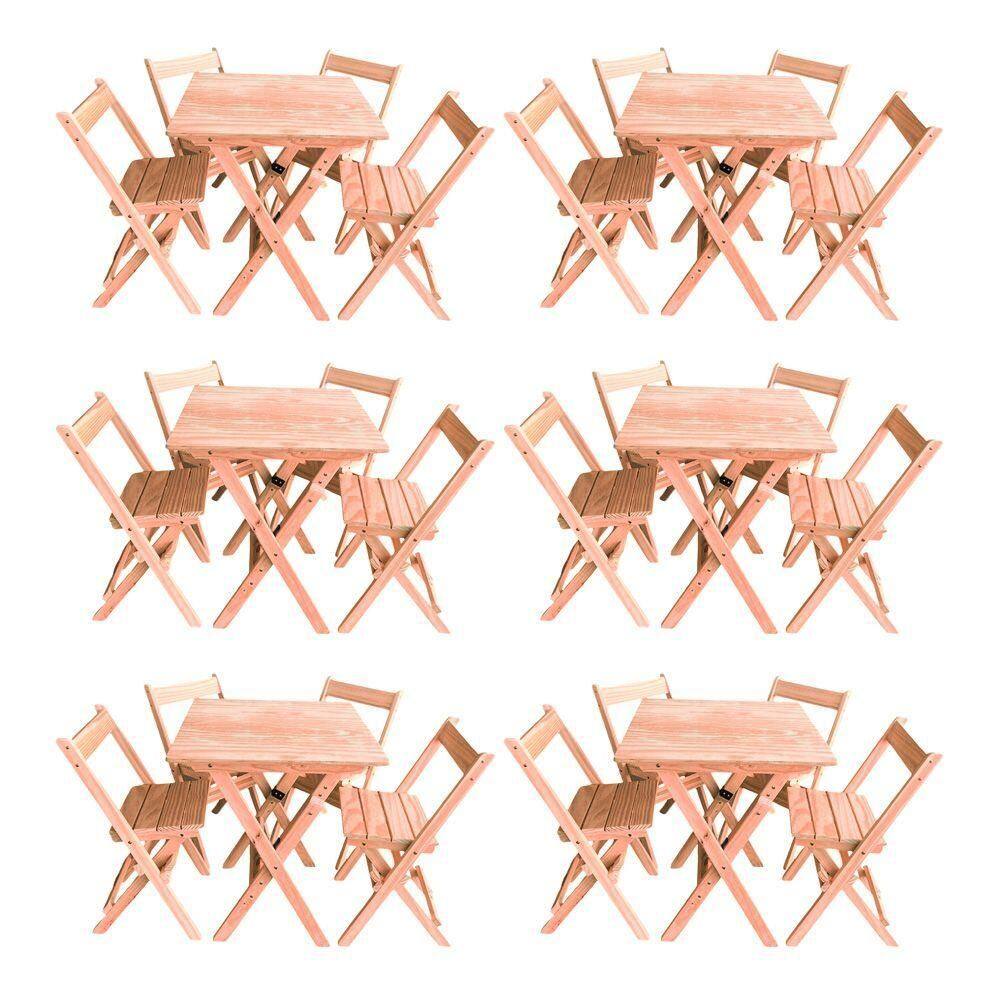 Kit 6 Conjuntos Mesa Dobrável 70x70cm Para Bar Com 4 Cadeiras Em Madeira Maciça - Cru - Bege