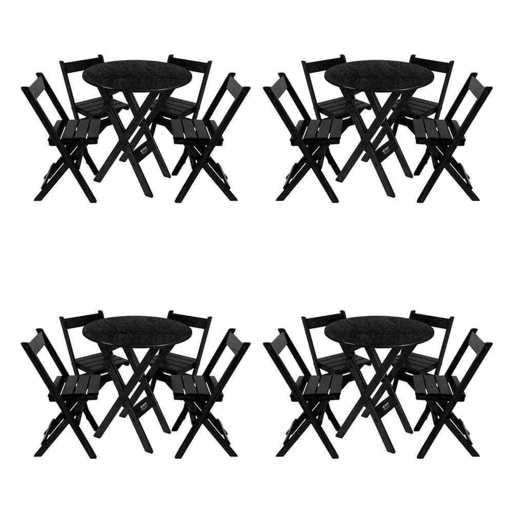 Kit 4 Conjuntos Mesa Redondo 70cm Dobrável Com 4 Cadeiras Em Madeira Maciça - Preto - Preto
