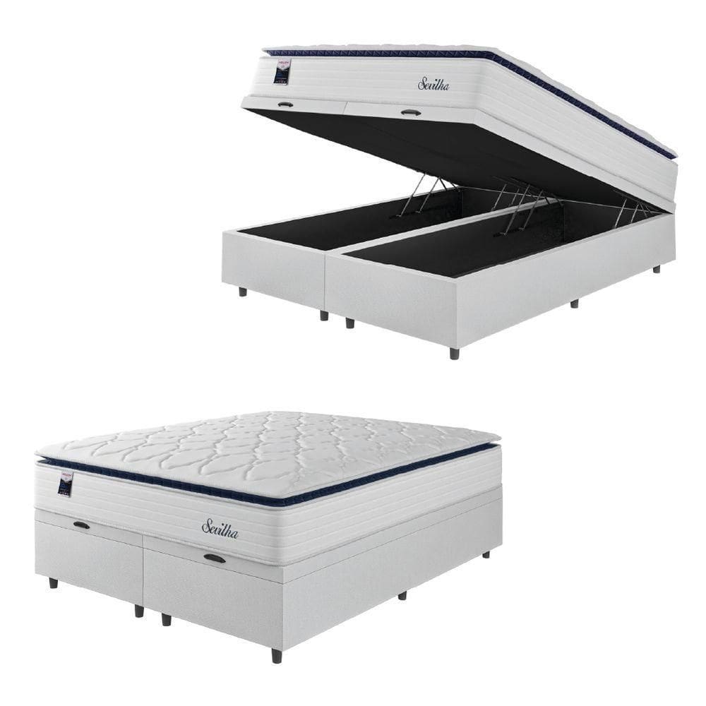 Cama Box Baú Casal Queen Colchão Molas Ensacadas Com Pillow Sevilha 158x198x74cm Branco/cinza Hellen