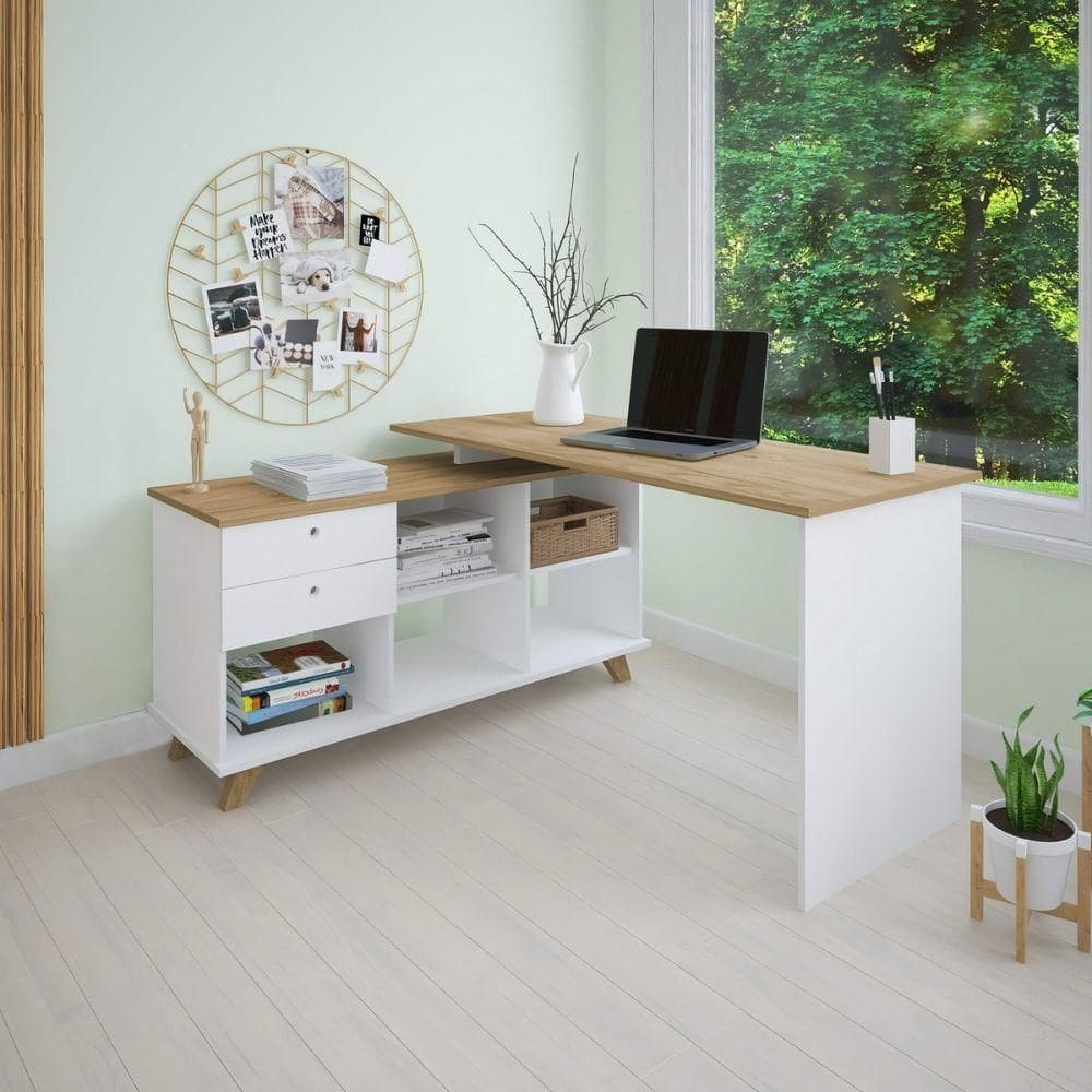 Escrivaninha Mesa Em L Escritório Com Gavetas E Nichos Gold Olmo-branco
