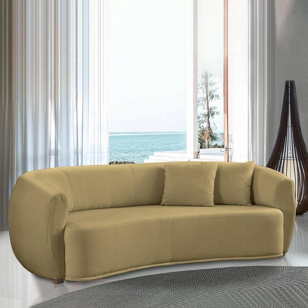 Sofá Decorativo Sala De Estar Curvo Esther 3 Lugares 210cm Com Almofadas Linho Bege