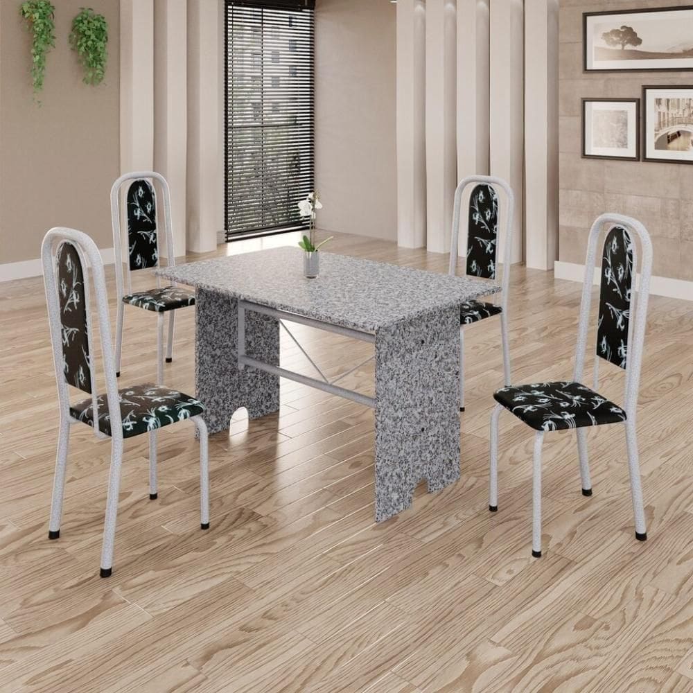 Conjunto De Mesa Tubular 4 Cadeiras 120x75cm Mart Perola Com Tampo Em Granito Ocre Letícia 070