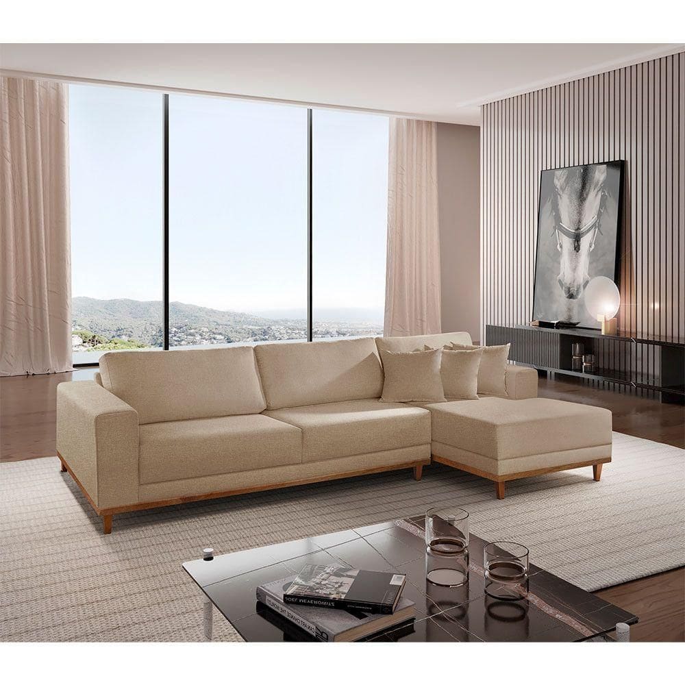 Sofá Cronos 03 Metros Chaise Lado Direito Meu Sofá Online A226 Linho Bege