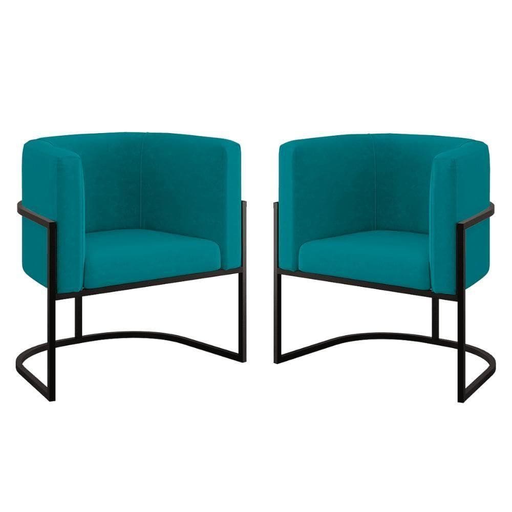 Kit 02 Poltronas Lua Com Base De Metal Black Sala Reforçada Azul Turquesa