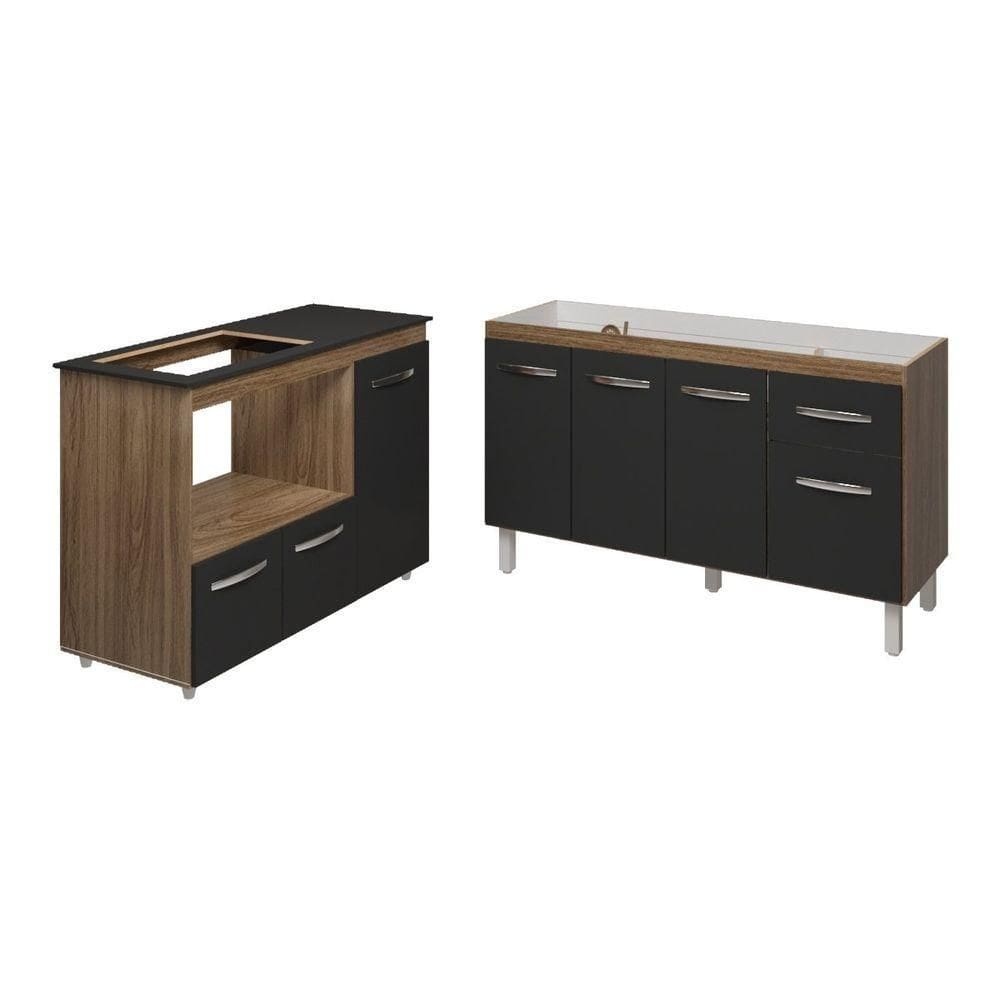 Armário Camila Cozinha Gabinete De Pia 140 Cm E Balcão Para Cooktop 4 Bocas E Forno Ou Microondas Alana Savana Preto